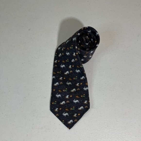 Hermes Tie Silk Rabbit Bunny Print Black White Neck - Picture 1 of 4